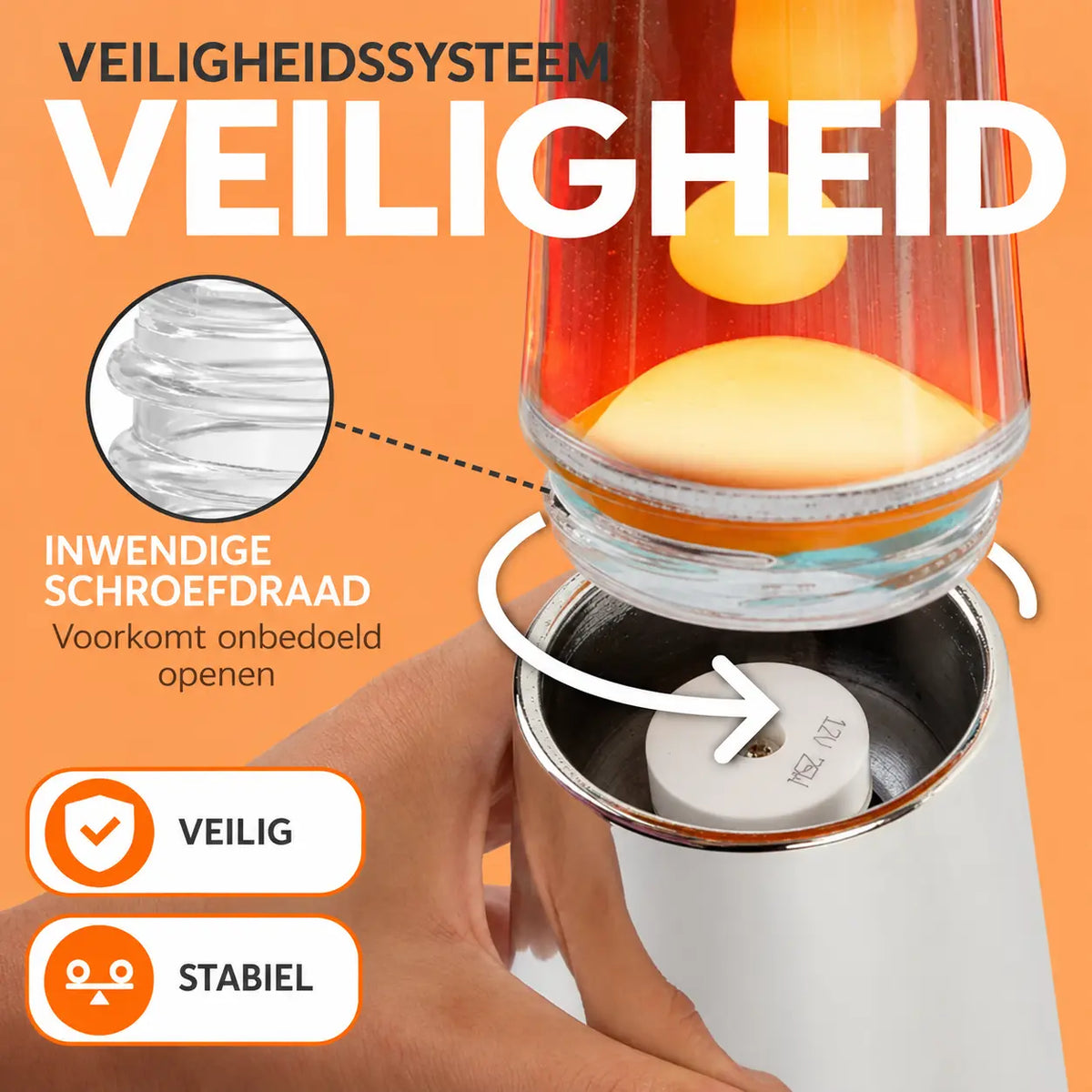Fisura Grote Design Lavalamp met Oranje Lava - Chrome met een handig veiligheidssysteem