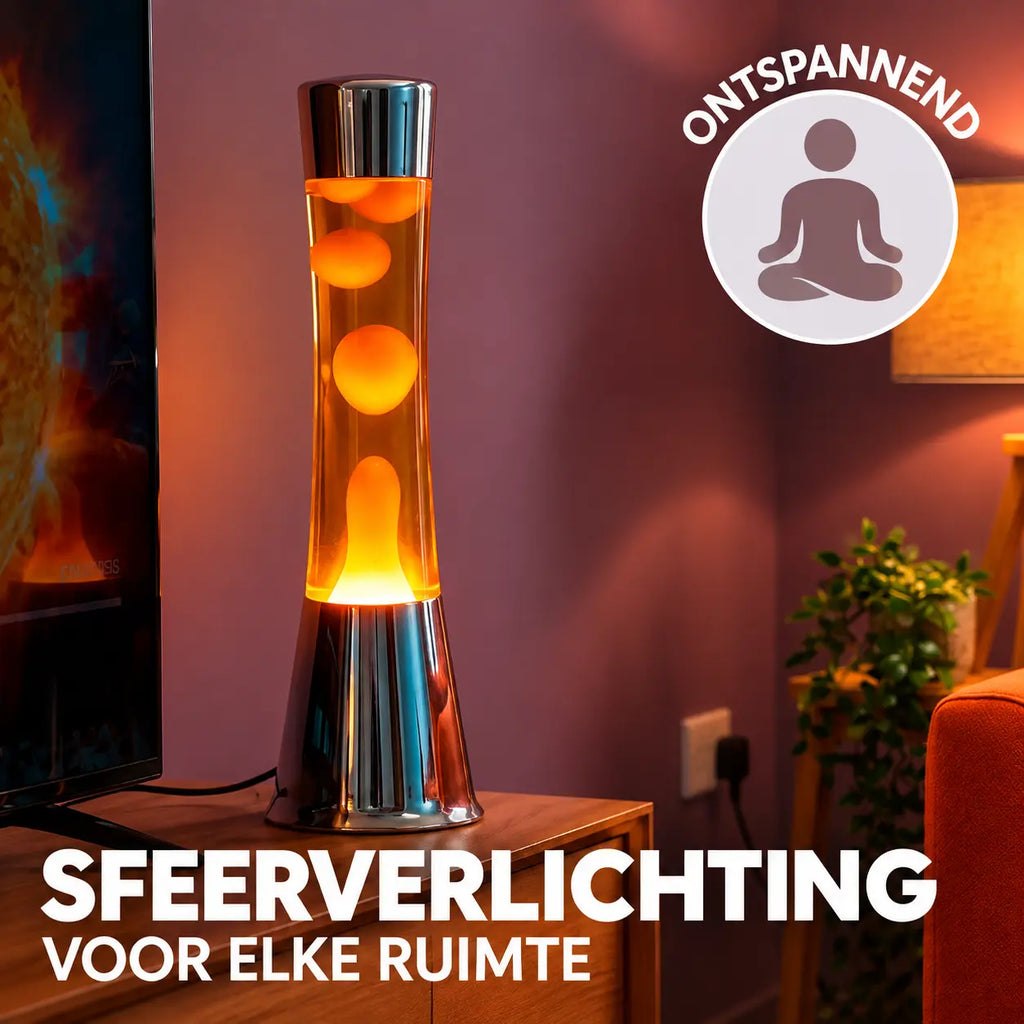 Fisura Grote Design Lavalamp met Oranje Lava - Chrome in de woonruimte ter ontspanning