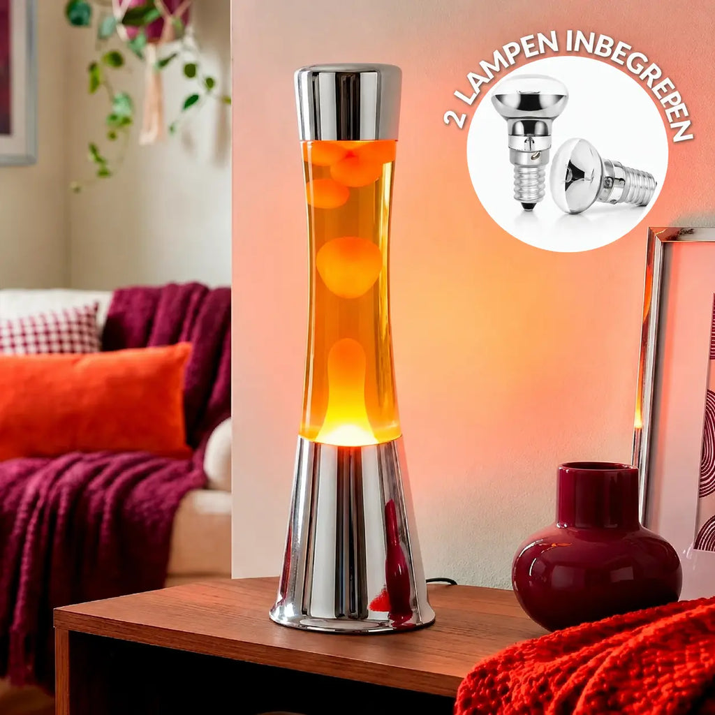 Fisura Grote Design Lavalamp met Oranje Lava - Chrome ter gezelligheid in de living