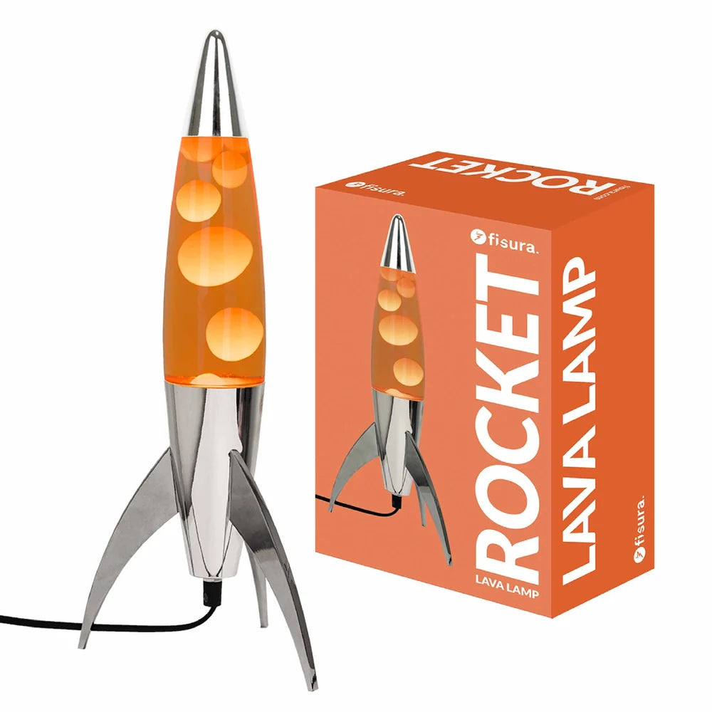 Fisura Raket Lavalamp met Oranje Lava - Chrome en de verpakking ervan