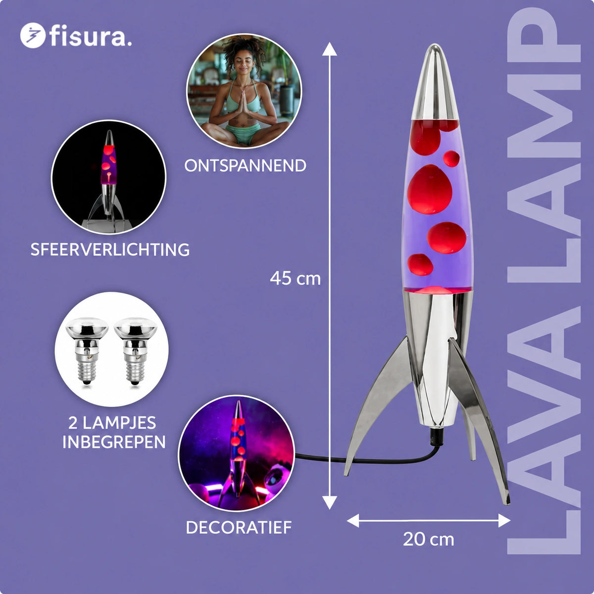 Unique Selling Points van de Fisura Raket Lavalamp met Rode & Paarse Lava - Chrome